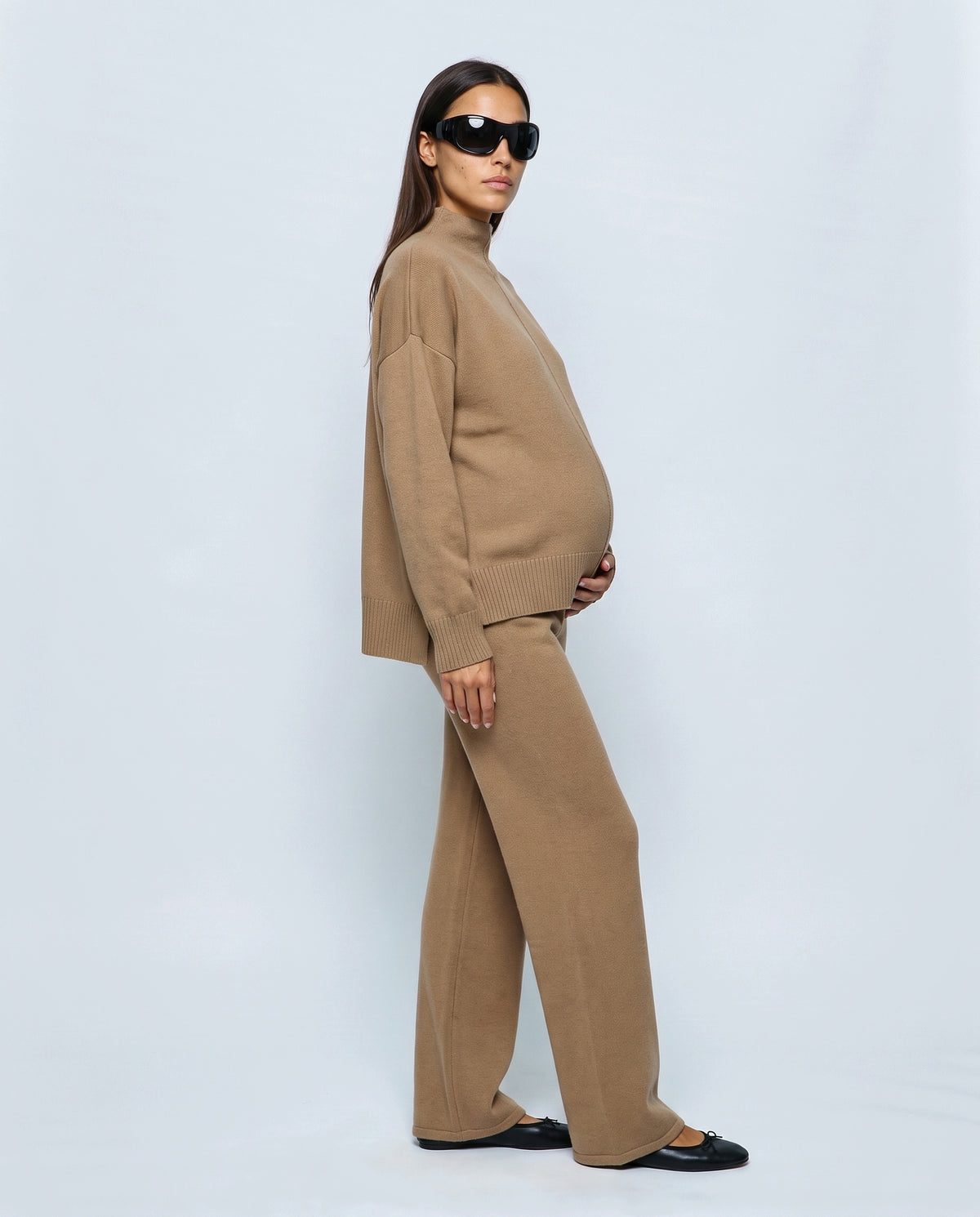 Chloe Split-Hem Knit Trouser Set in Camel, side view