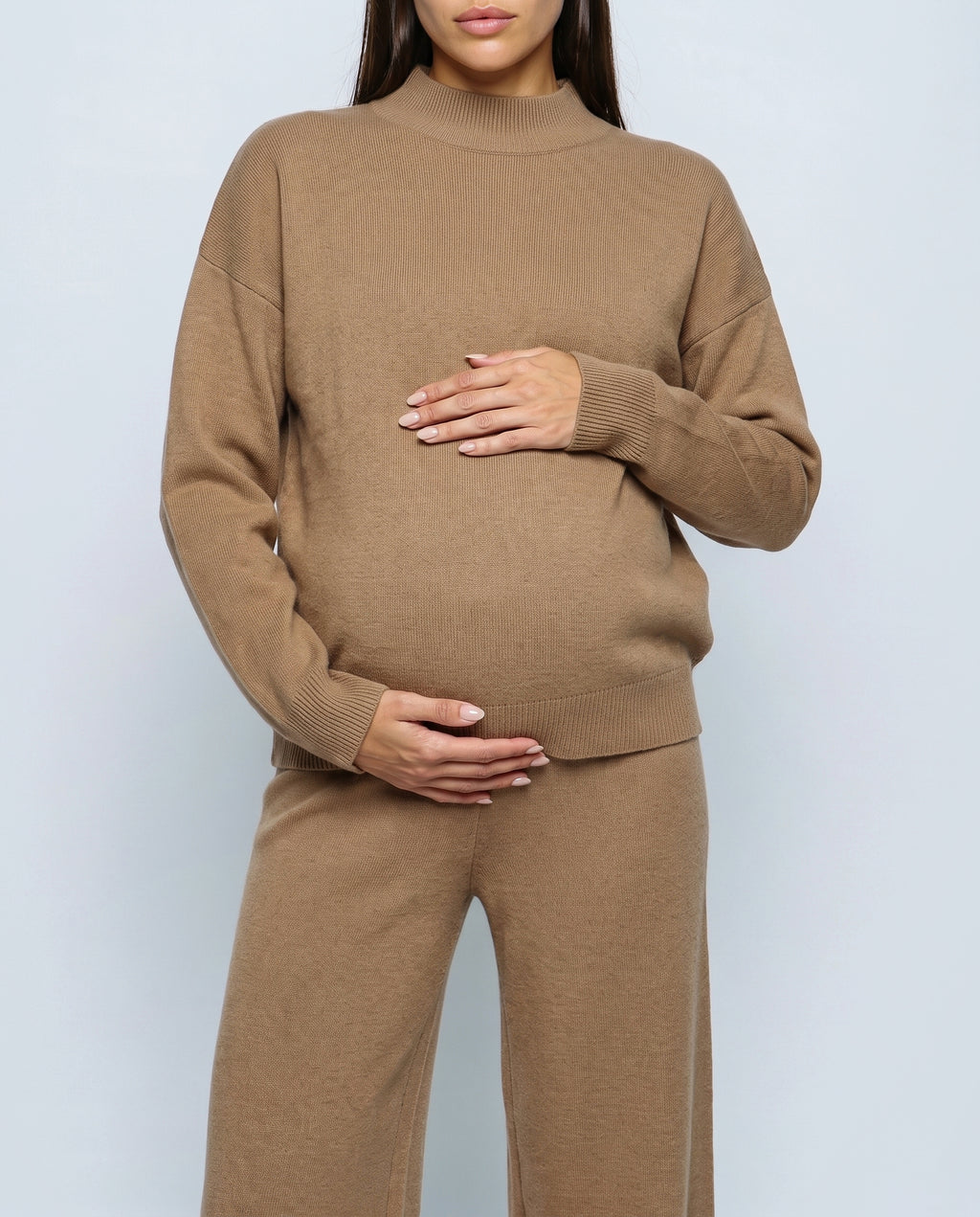 Chloe Split-Hem Knit Trouser Set in Camel, fabric detail