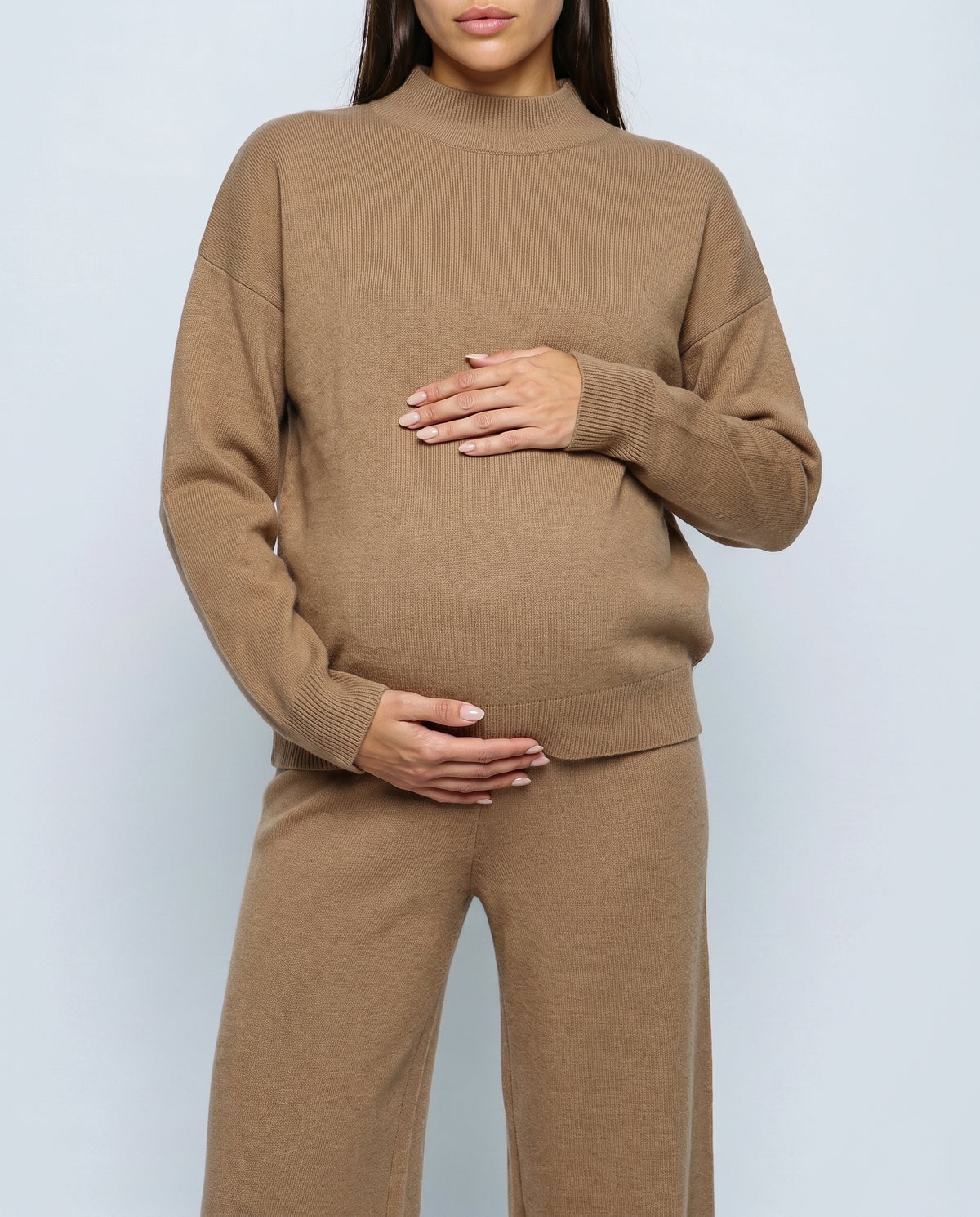 Chloe Split-Hem Knit Trouser Set in Camel, fabric detail