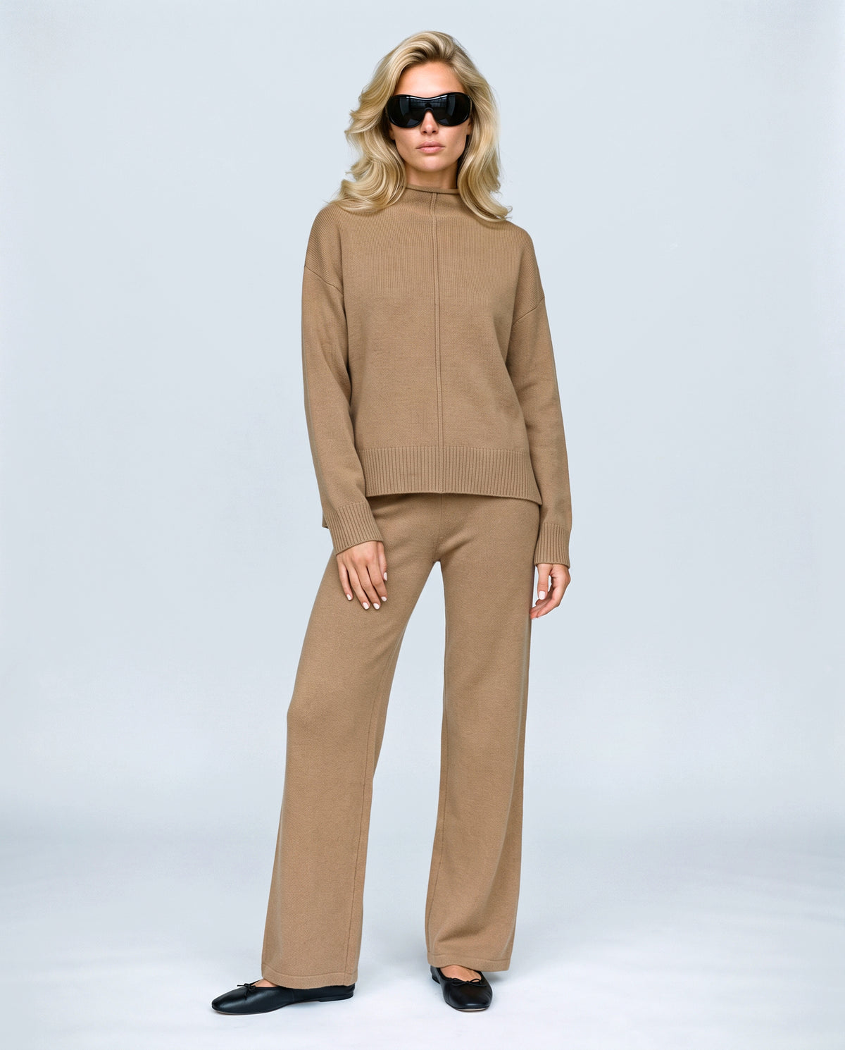 Chloe Split-Hem Knit Trouser Set in Camel, front view on a non-pregnant model