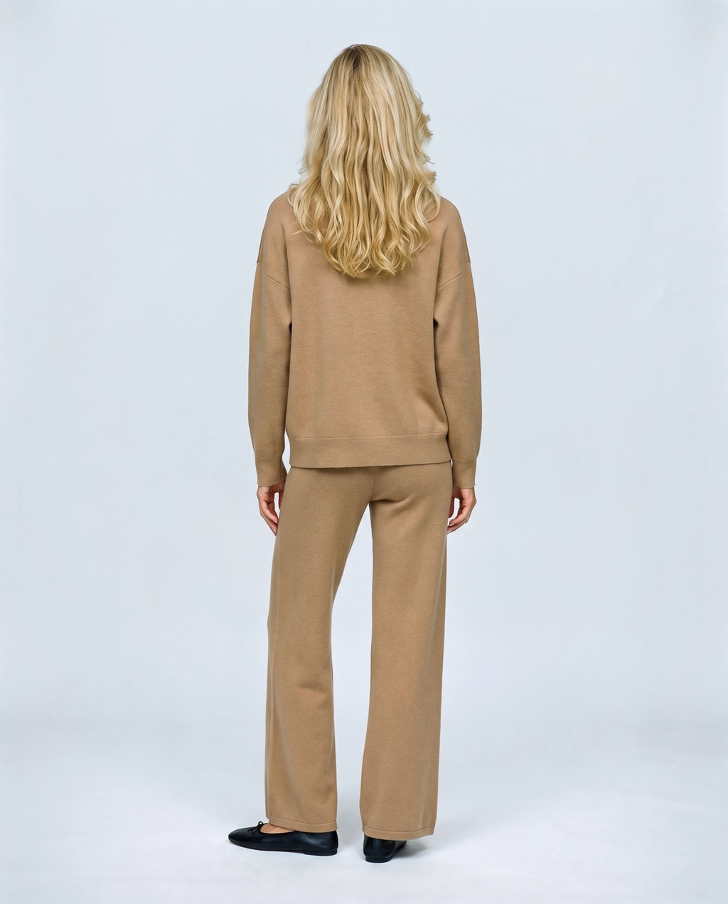 Chloe Split-Hem Knit Trouser Set in Camel, back view on a non-pregnant model