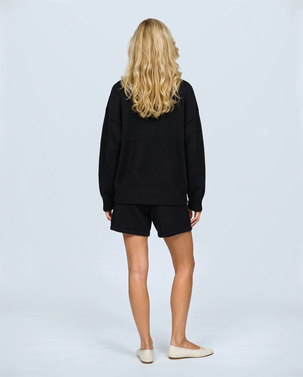 Lotte Knit Sweater & Shorts Set in Black, back view on a non-pregnant model