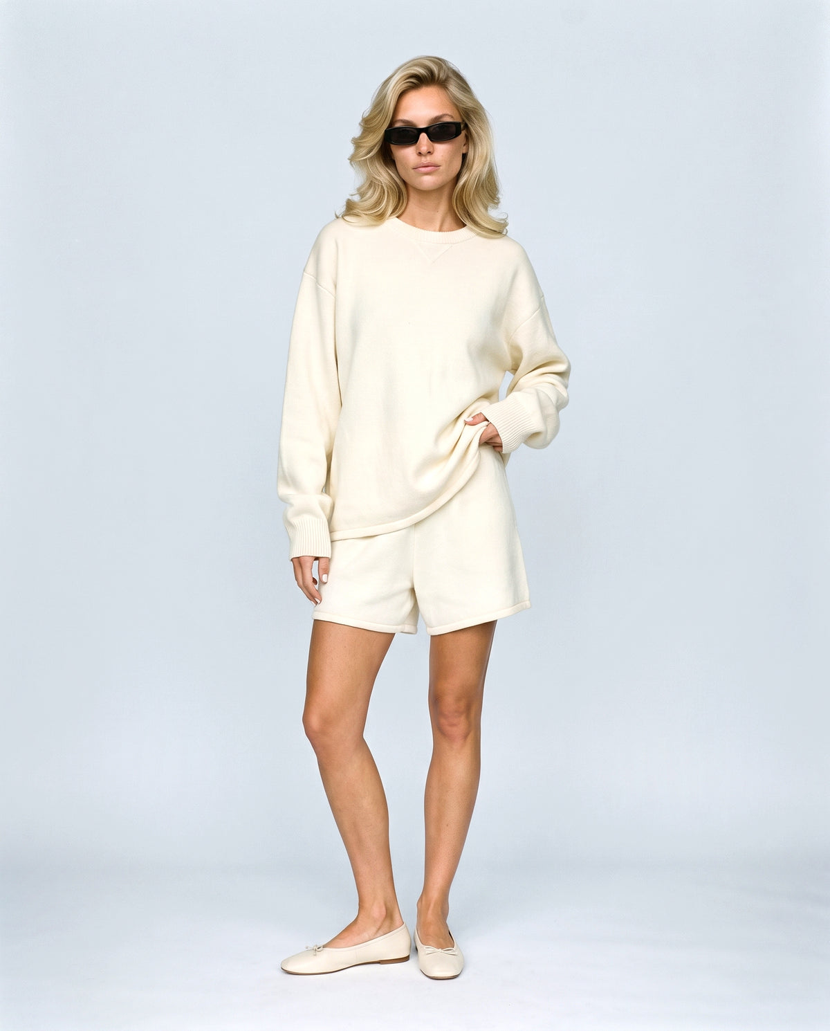 Lotte Knit Sweater & Shorts Set in Cream, front view on a non-pregnant model