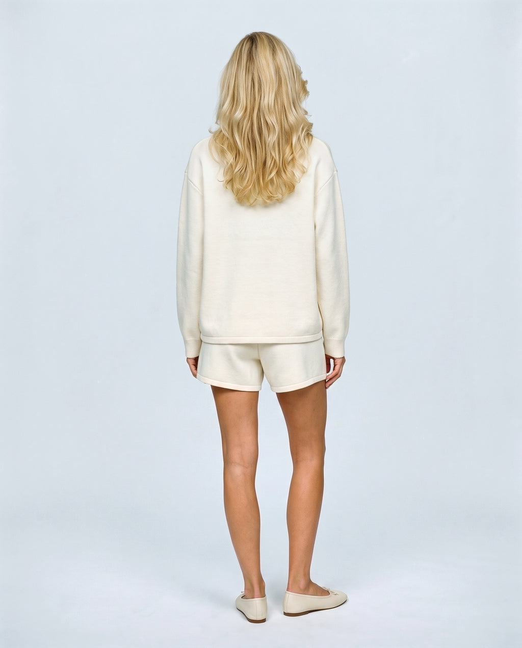 Lotte Knit Sweater & Shorts Set in Cream, back view on a non-pregnant model