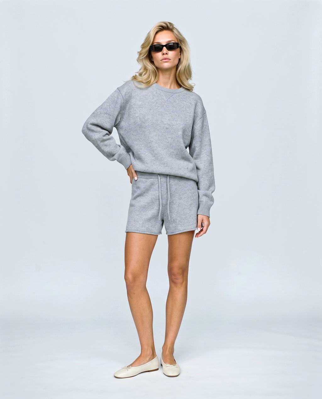 Lotte Knit Sweater & Shorts Set in Grey, front view on a non-pregnant model