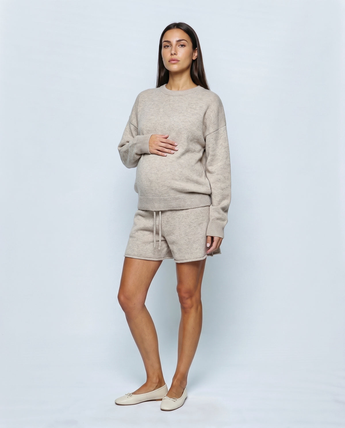 Lotte Knit Sweater & Shorts Set in Oatmeal, front view