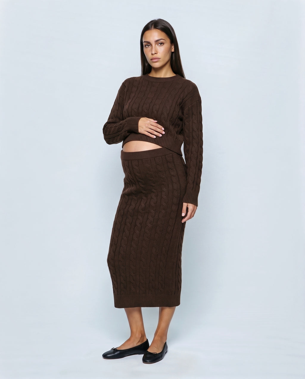 The Cable Knit Top & Skirt Set in Dark coffee, front view
