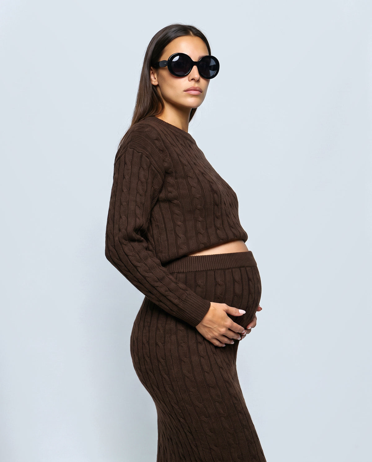 The Cable Knit Top & Skirt Set in Dark coffee, side view