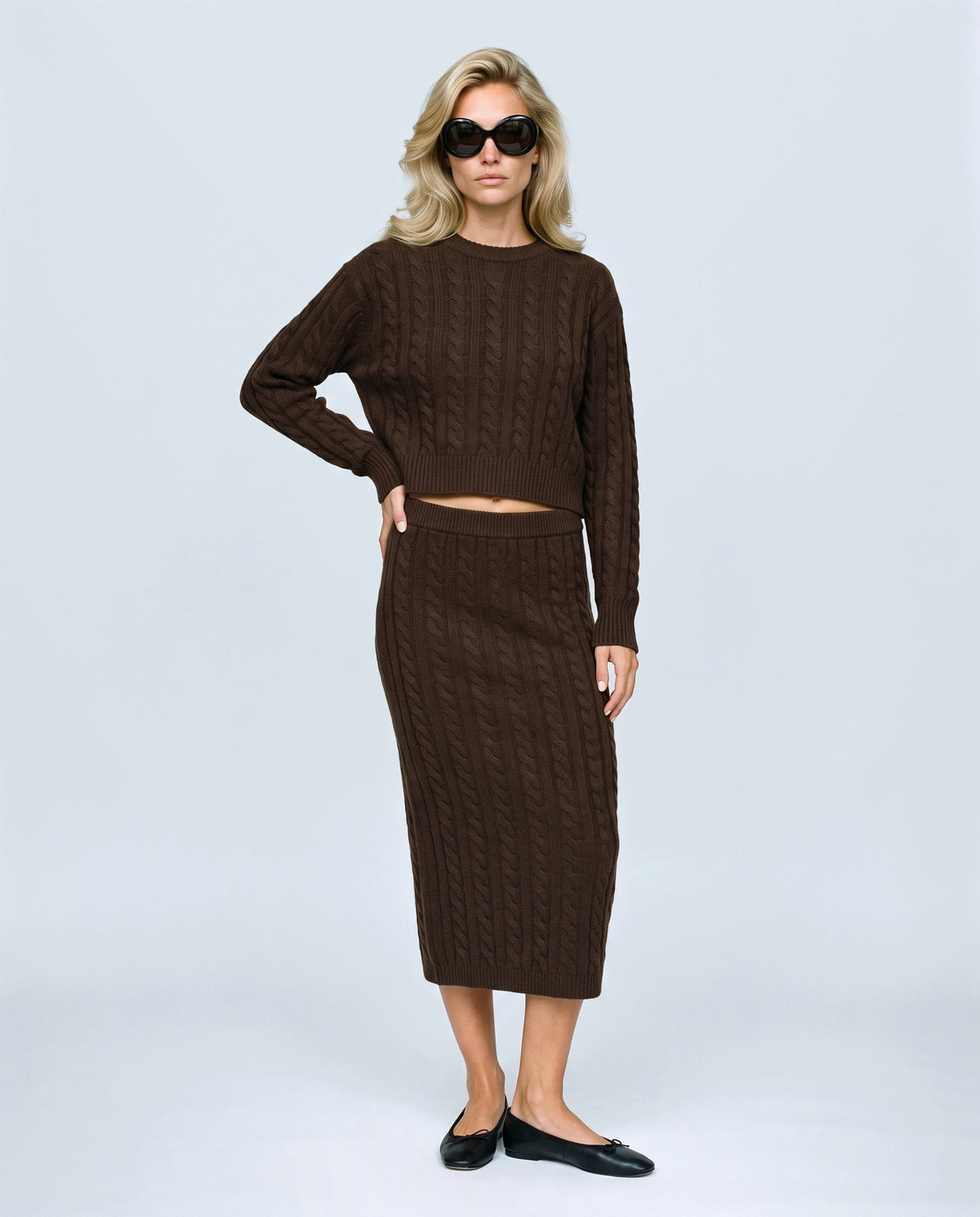 The Cable Knit Top & Skirt Set in Dark coffee, front view on a non-pregnant model