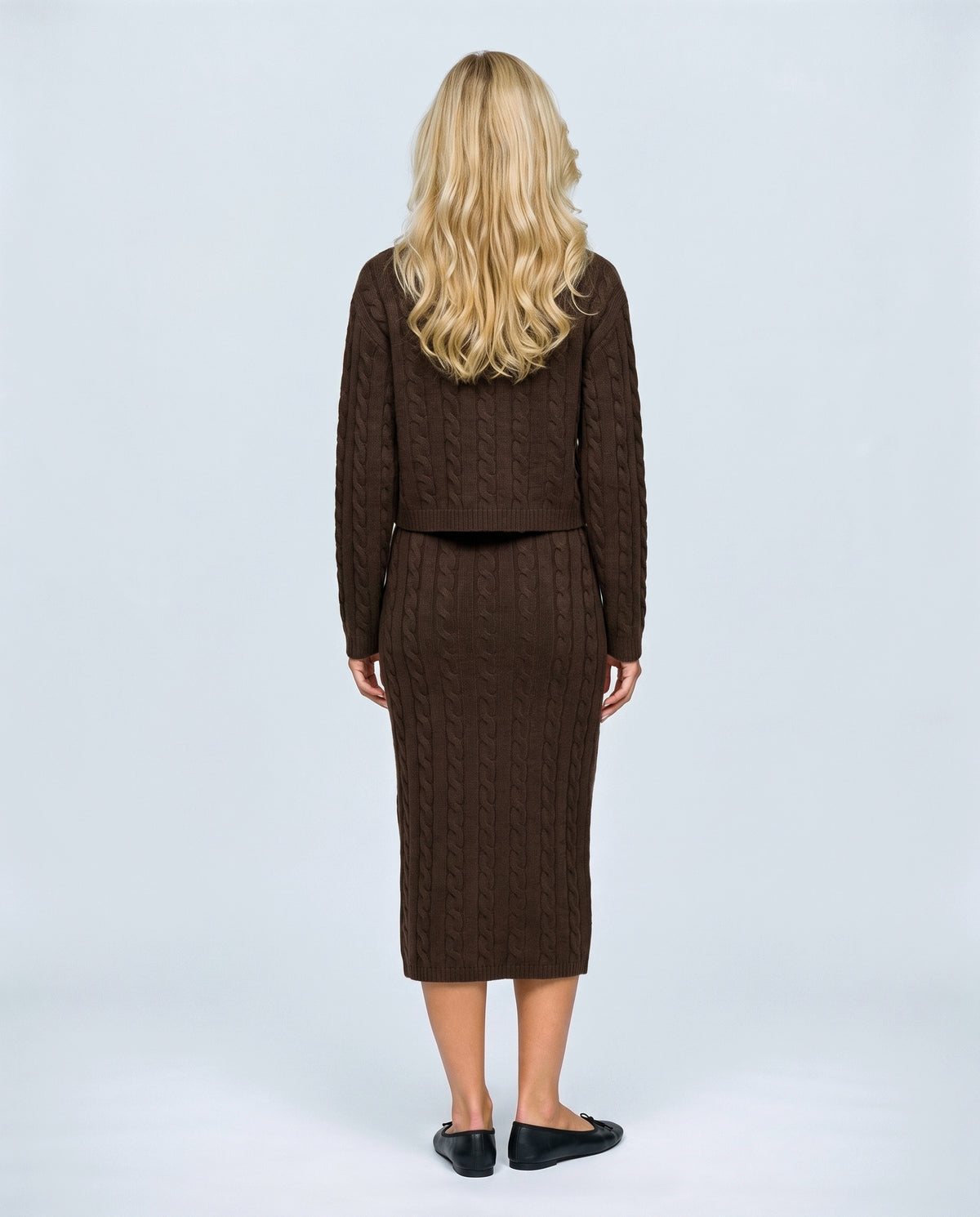 The Cable Knit Top & Skirt Set in Dark coffee, back view on a non-pregnant model