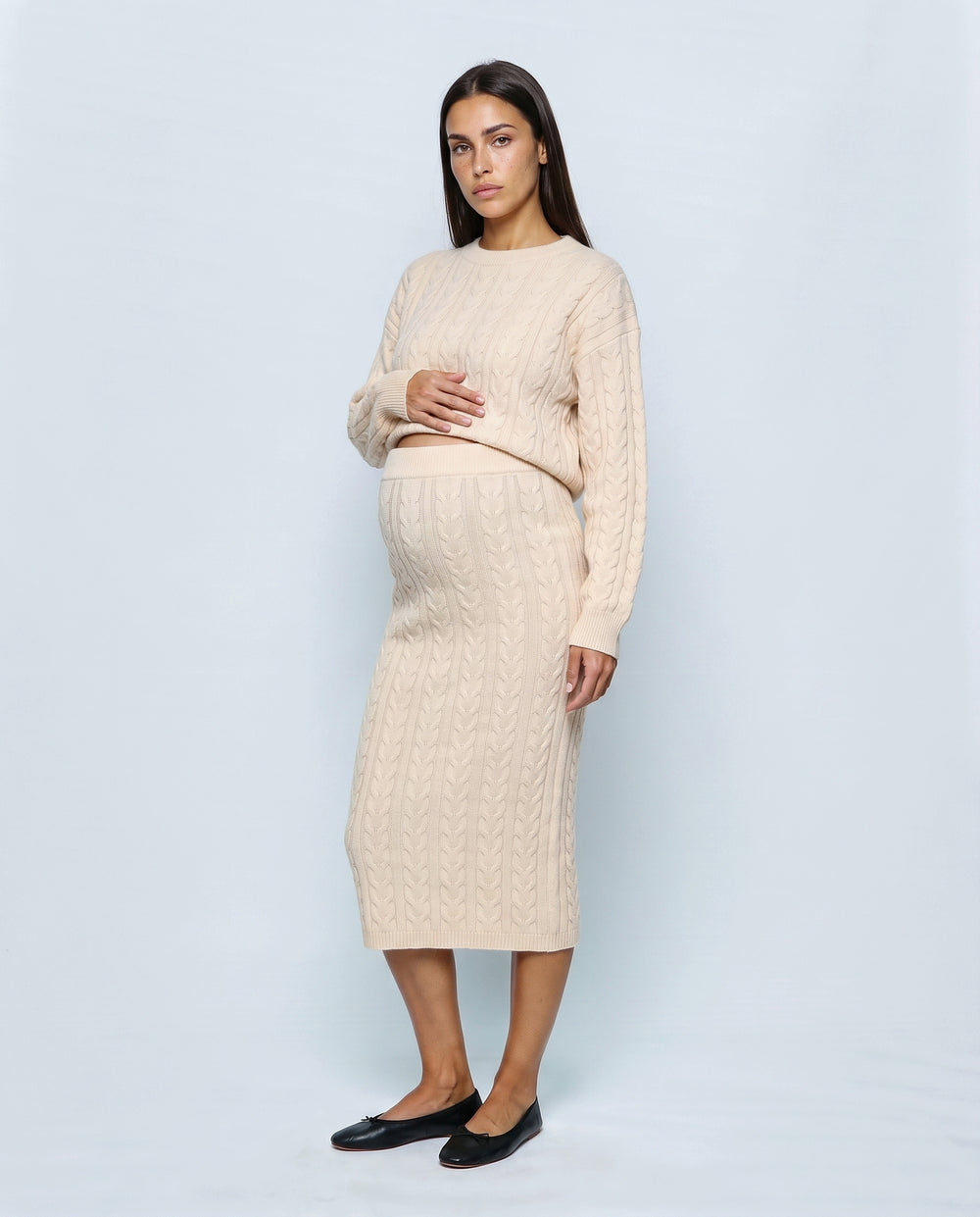 The Cable Knit Top & Skirt Set in Light apricot, front view
