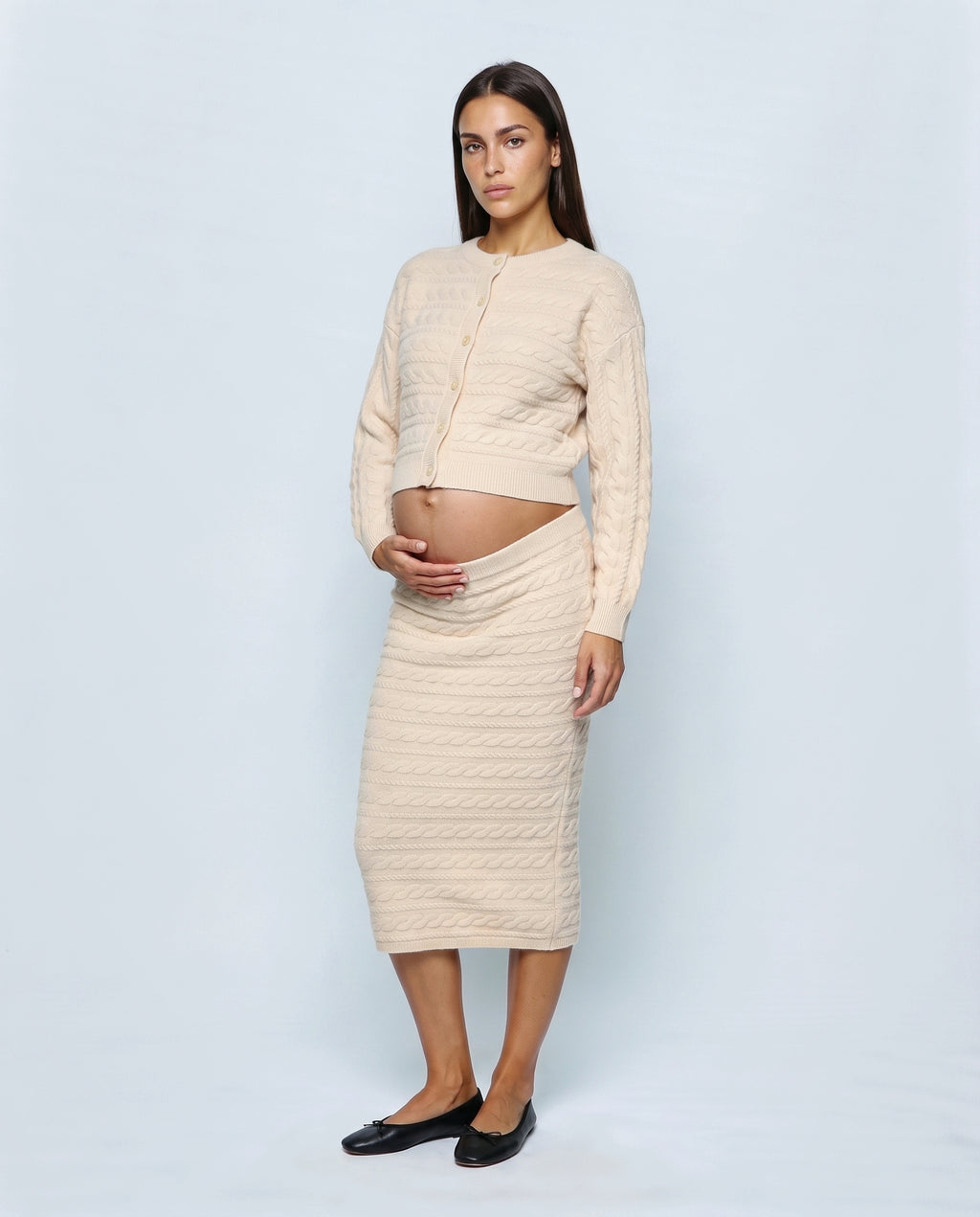 The Cable Knit Top & Skirt Set in Light apricot, front view