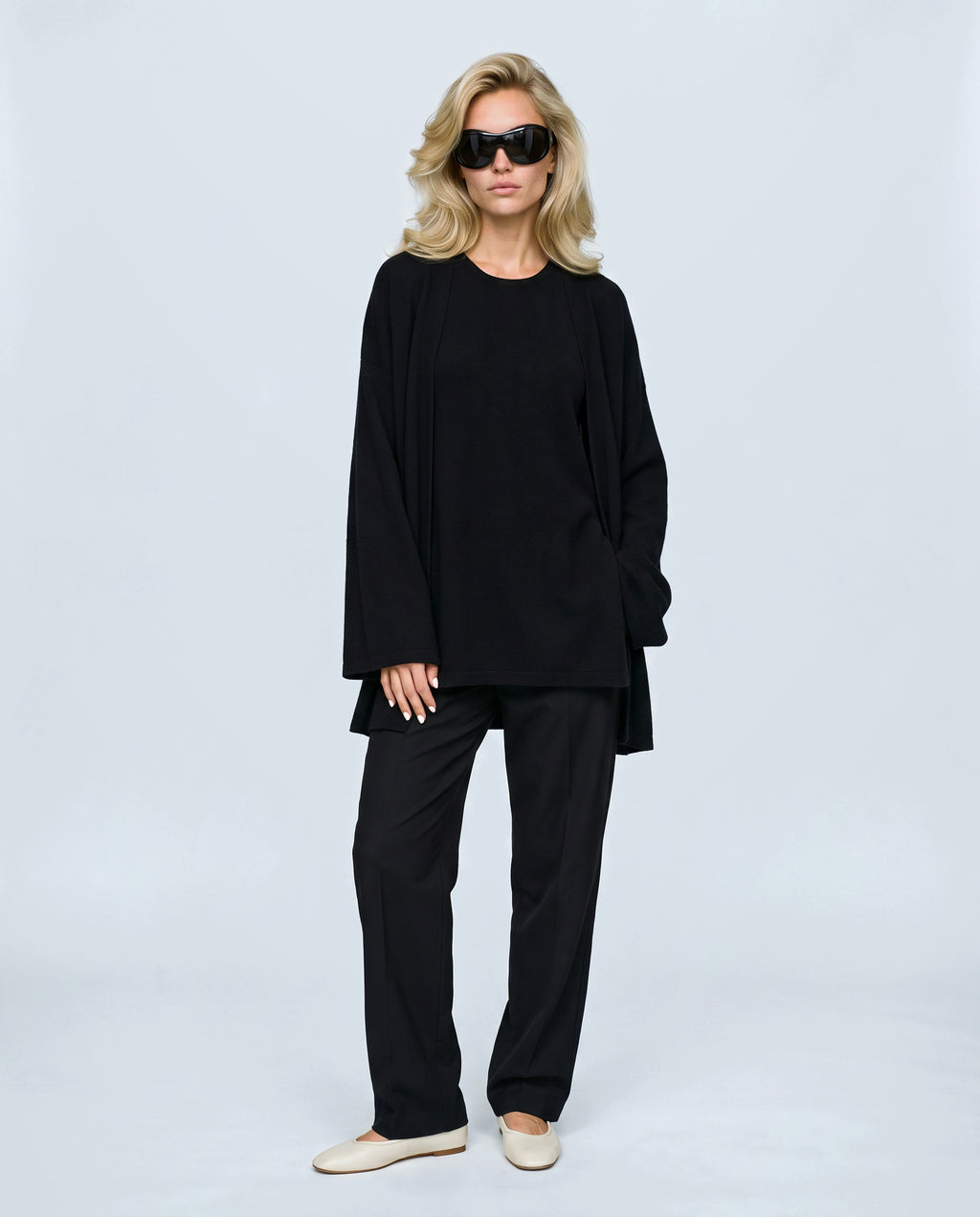 The Cardigan & Shell Twinset in Black, front view on a non-pregnant model