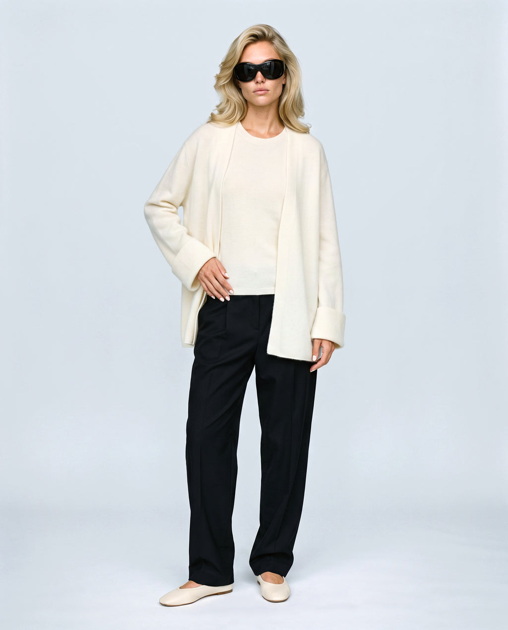 The Cardigan & Shell Twinset in Cream, front view on a non-pregnant model