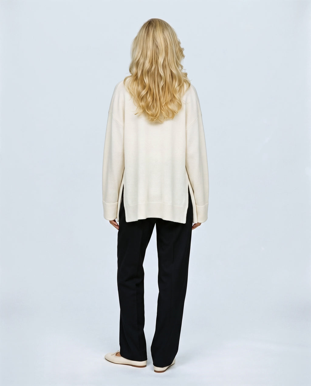 The Cardigan & Shell Twinset in Cream, back view on a non-pregnant model