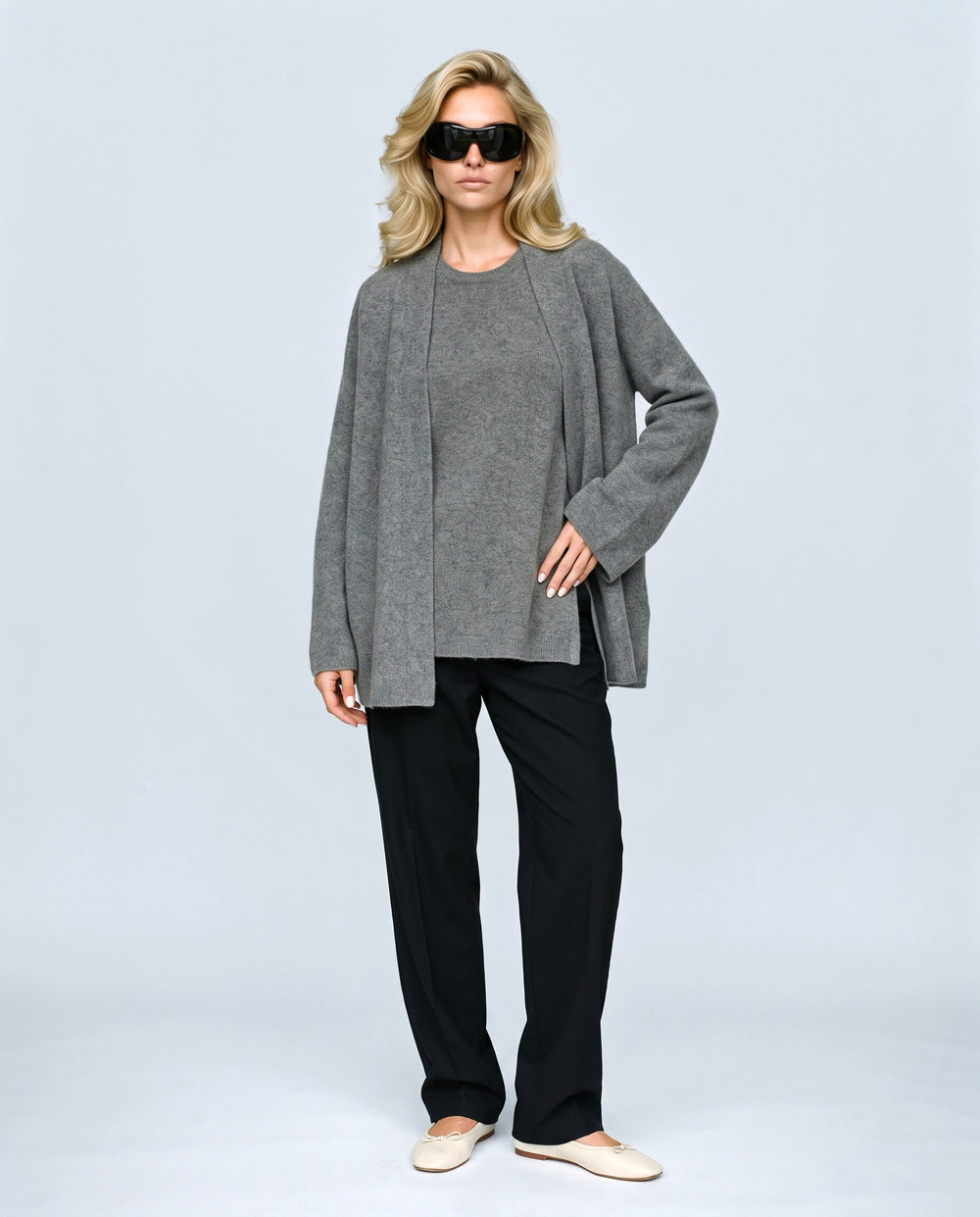 The Cardigan & Shell Twinset in Grey, front view on a non-pregnant model