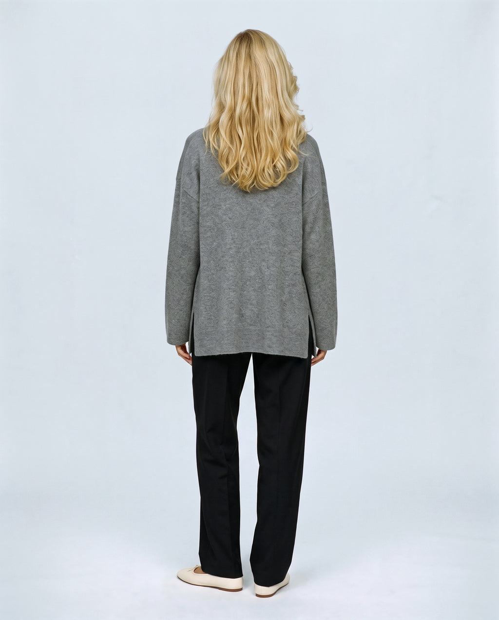 The Cardigan & Shell Twinset in Grey, back view on a non-pregnant model
