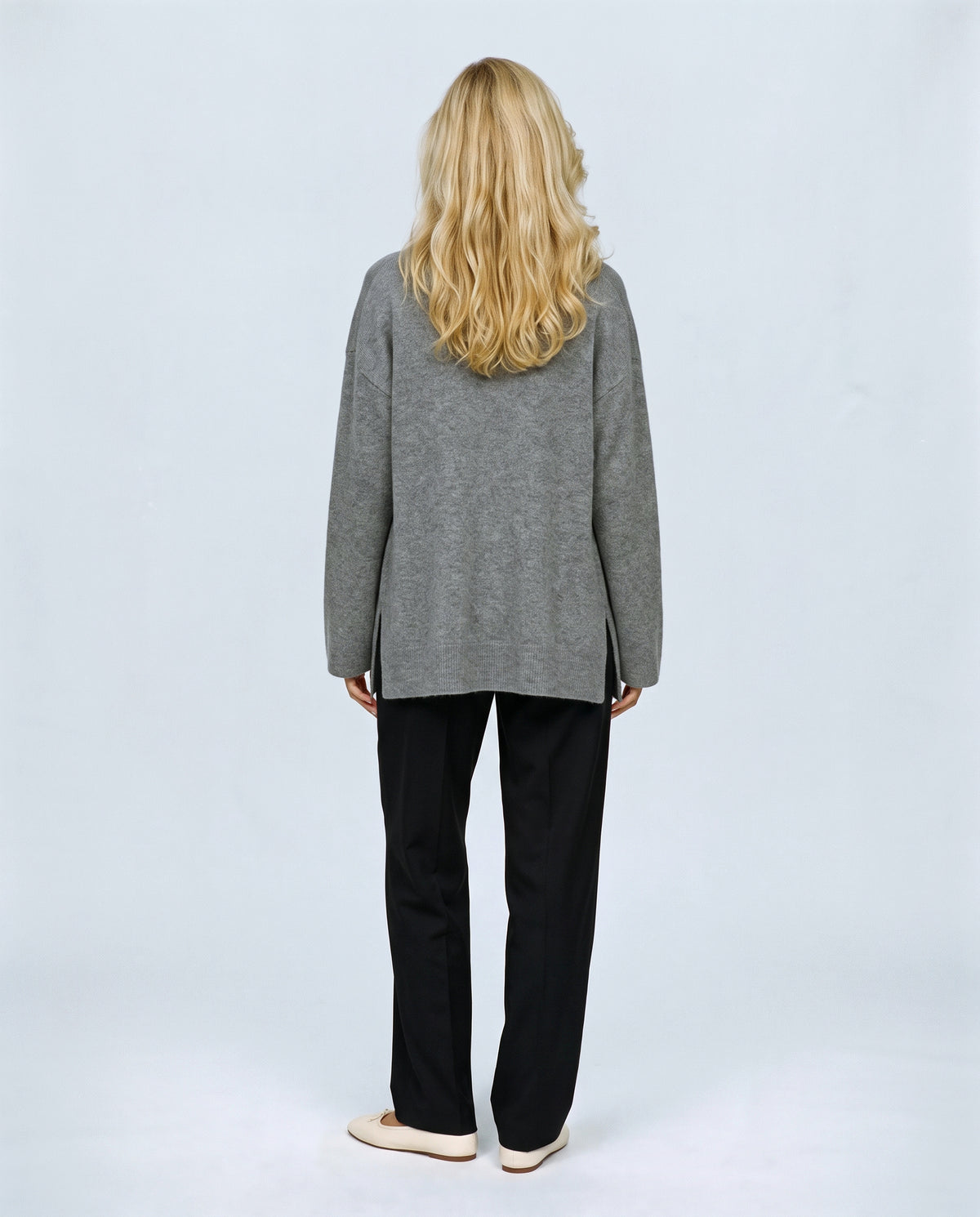The Cardigan & Shell Twinset in Grey, back view on a non-pregnant model