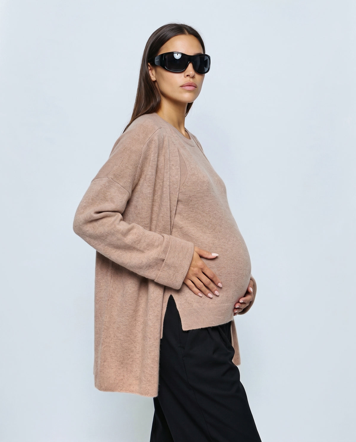 The Cardigan & Shell Twinset in Rose taupe, side view