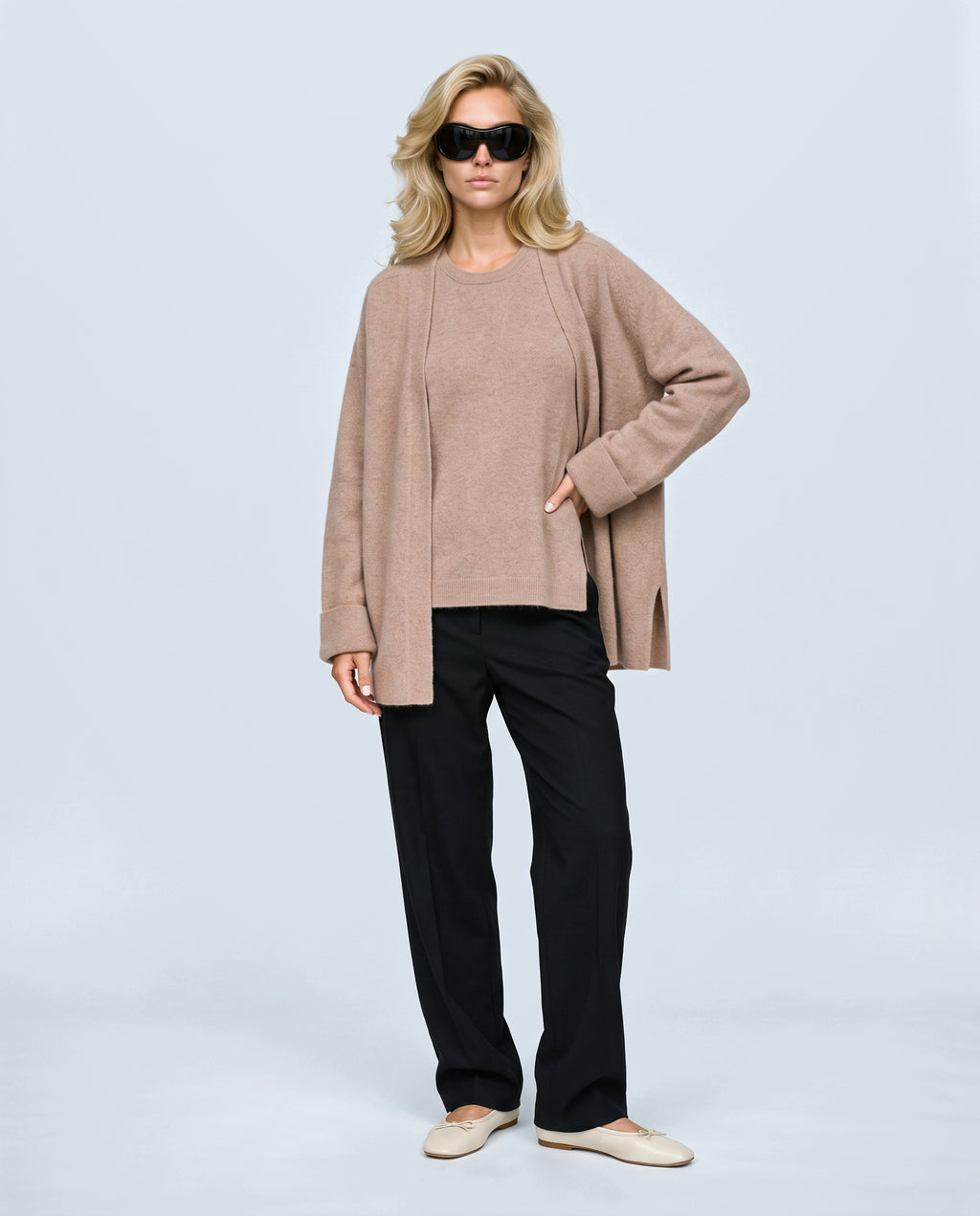 The Cardigan & Shell Twinset in Rose taupe, front view on a non-pregnant model