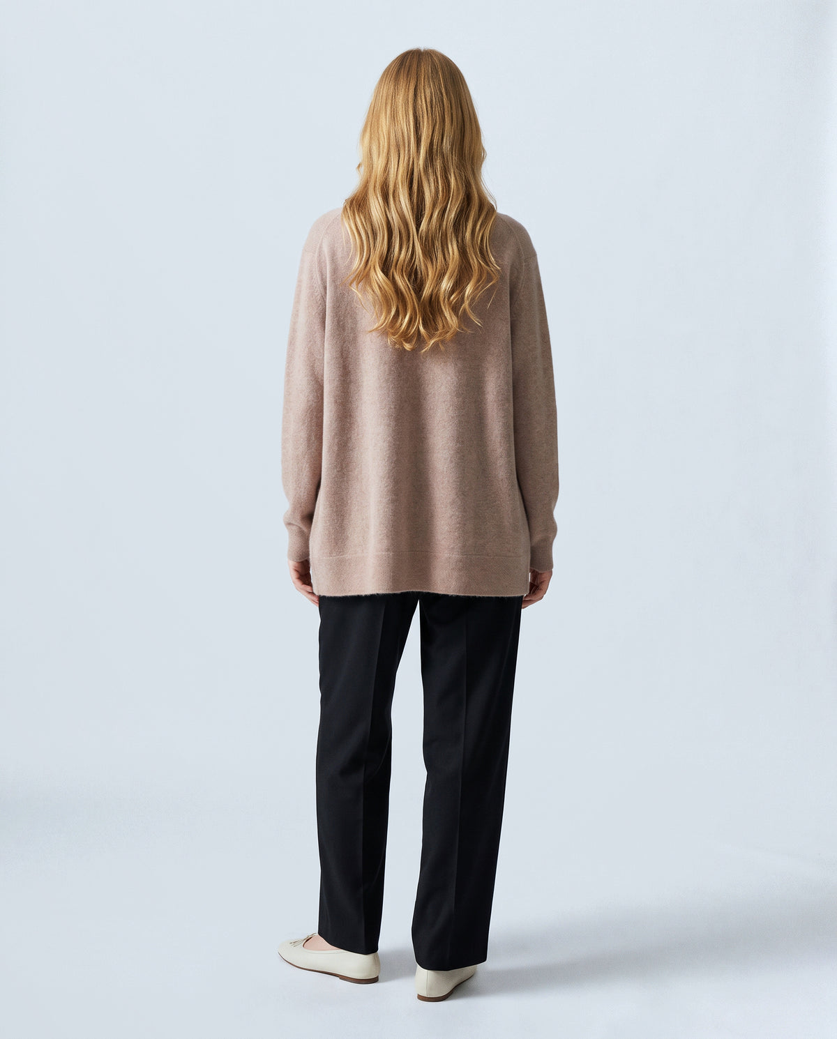 The Cardigan & Shell Twinset in Rose taupe, back view on a non-pregnant model
