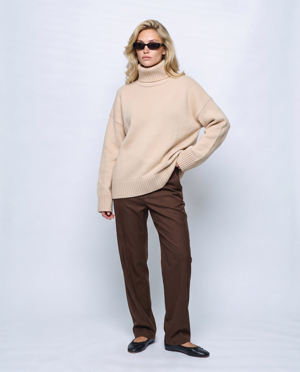 Nina Relaxed Turtleneck in Apricot, front view on a non-pregnant model