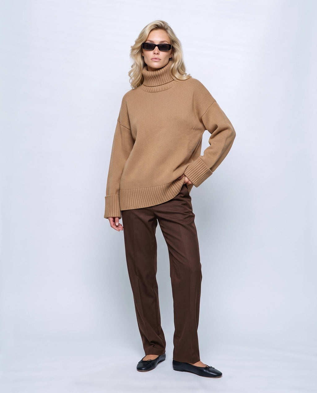 Nina Relaxed Turtleneck in Camel, front view on a non-pregnant model