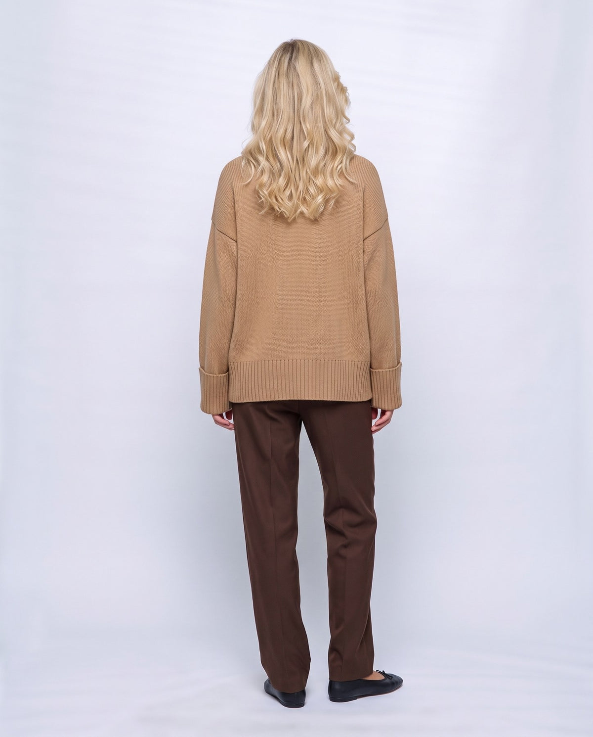 Nina Relaxed Turtleneck in Camel, back view on a non-pregnant model
