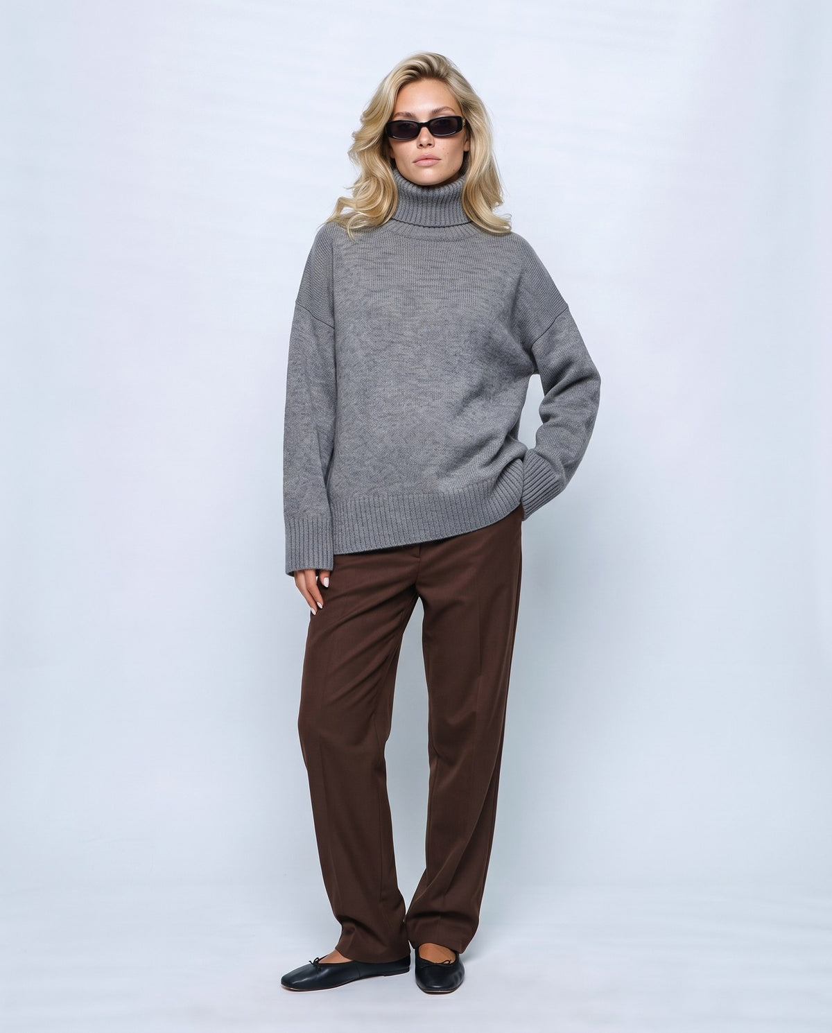 Nina Relaxed Turtleneck in Grey, front view on a non-pregnant model