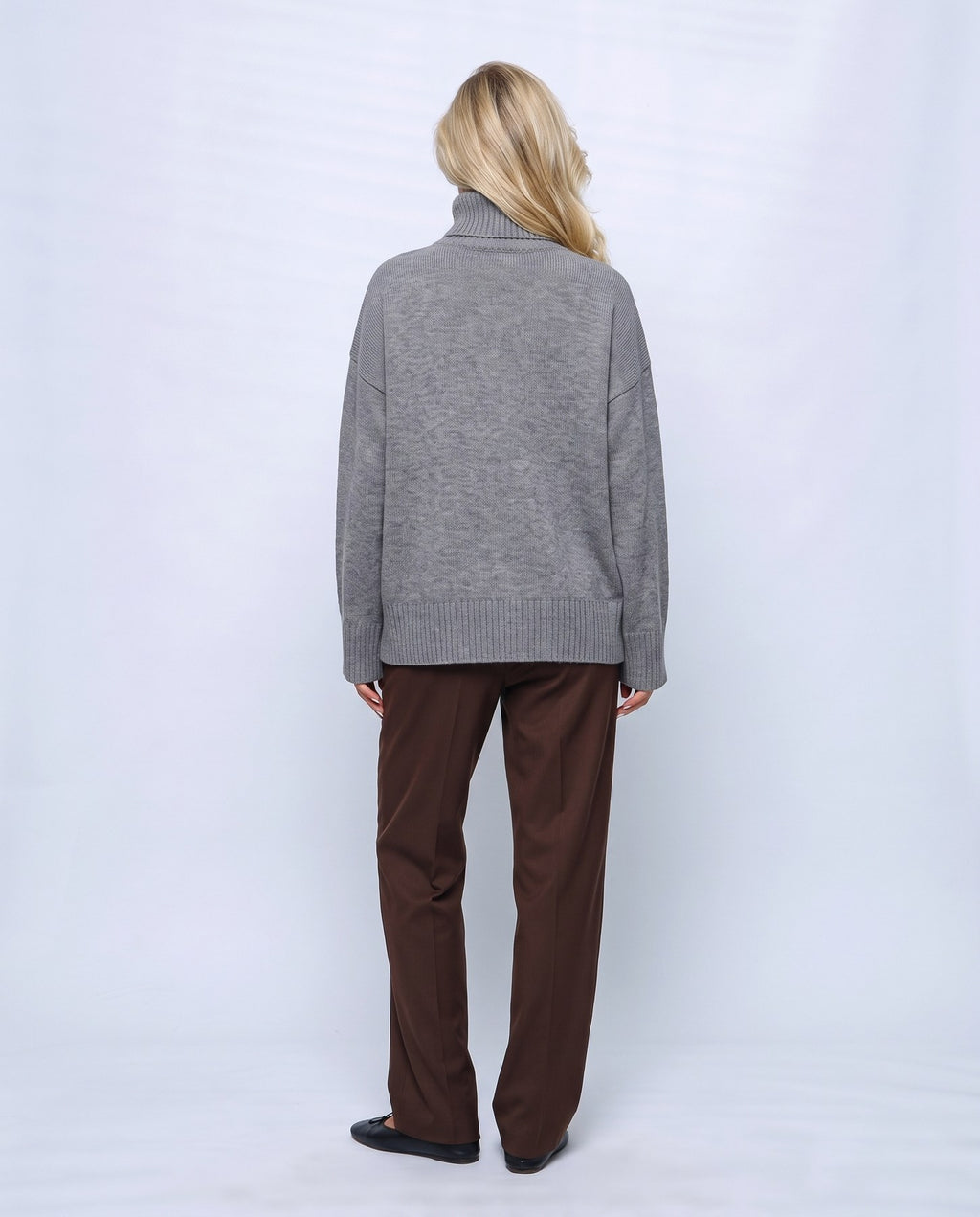 Nina Relaxed Turtleneck in Grey, back view on a non-pregnant model