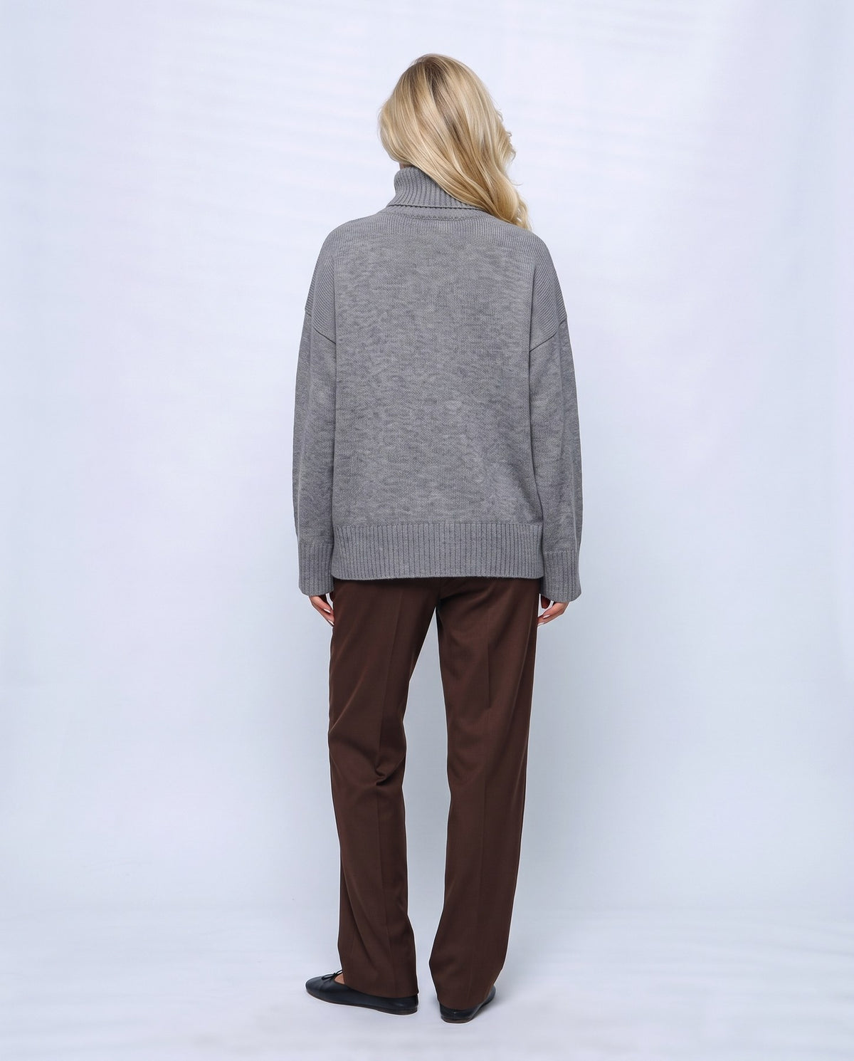 Nina Relaxed Turtleneck in Grey, back view on a non-pregnant model