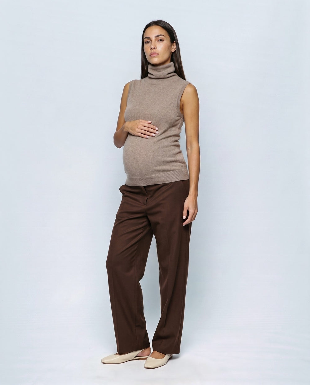 Noa Sleeveless Turtleneck in Camel taupe, front view