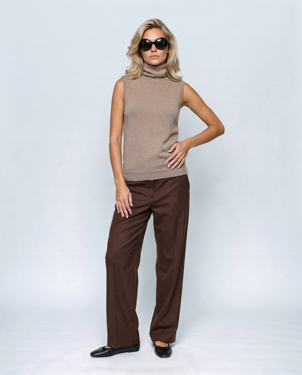 Noa Sleeveless Turtleneck in Camel taupe, front view on a non-pregnant model