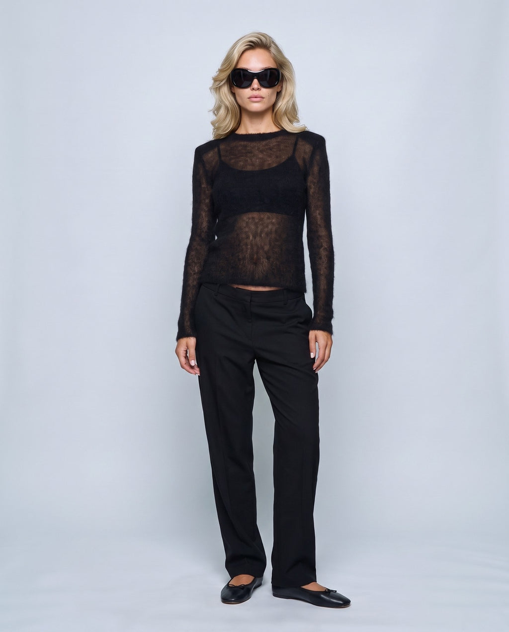 Odette Sheer Sweater in Black, front view on a non-pregnant model