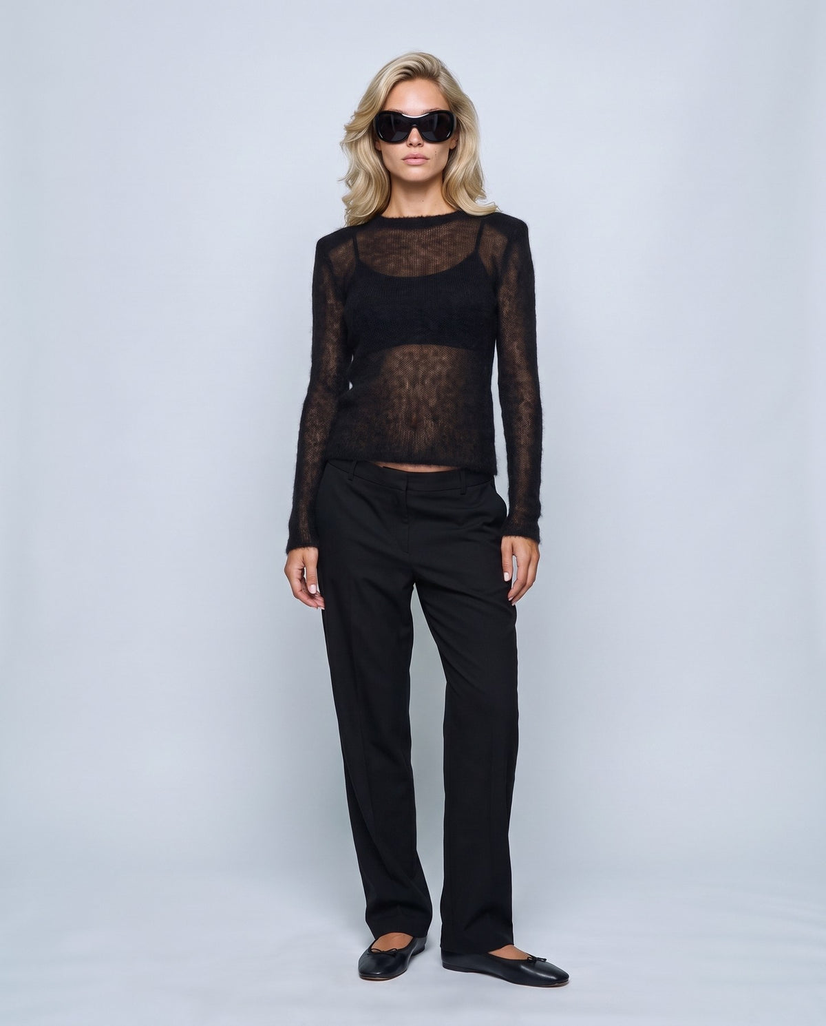 Odette Sheer Sweater in Black, front view on a non-pregnant model