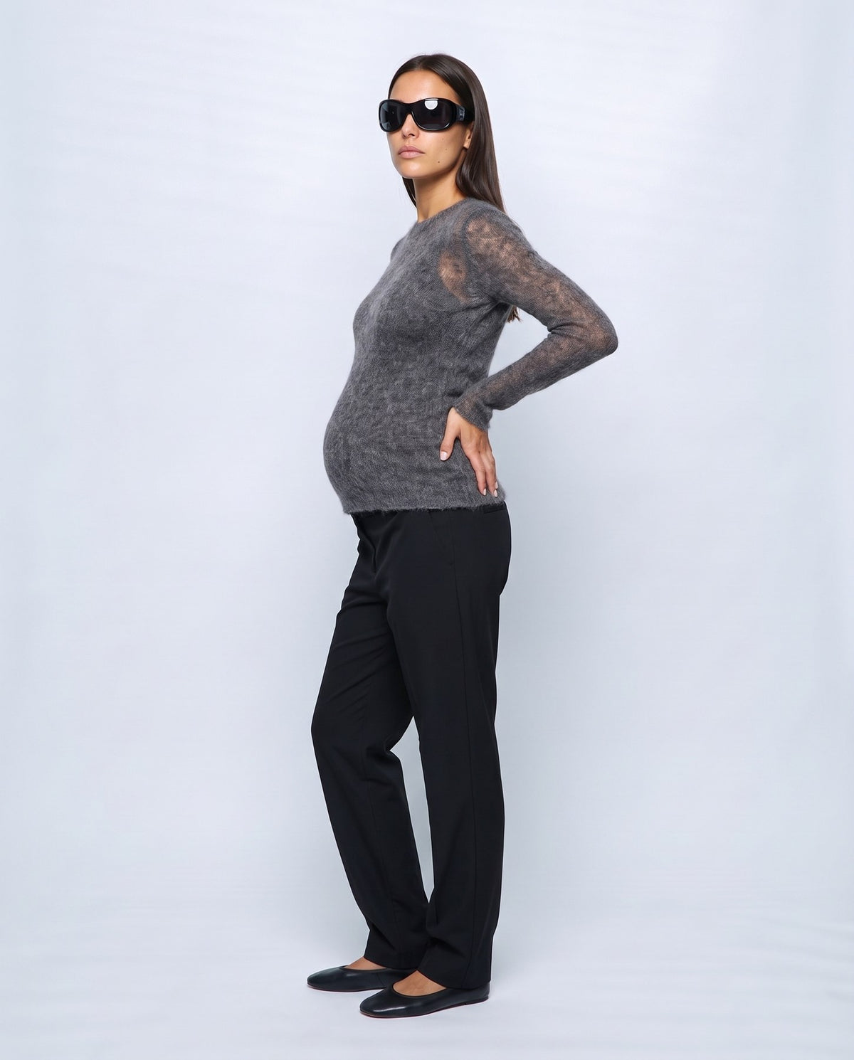 Odette Sheer Sweater in Charcoal grey, side view