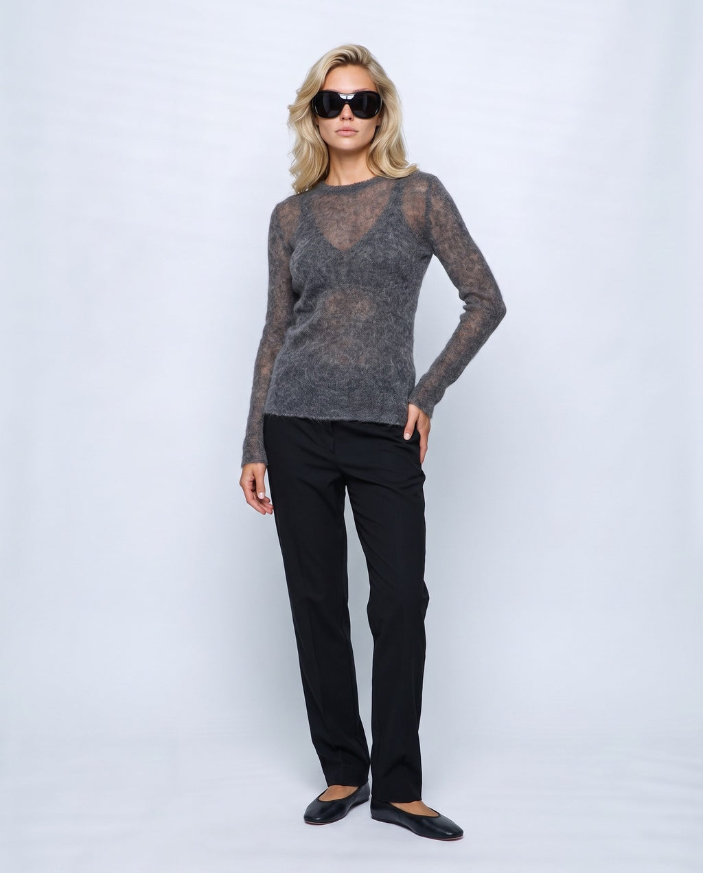 Odette Sheer Sweater in Charcoal grey, front view on a non-pregnant model