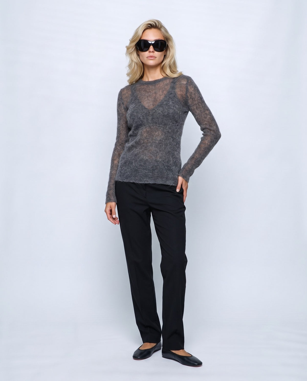 Odette Sheer Sweater in Charcoal grey, front view on a non-pregnant model
