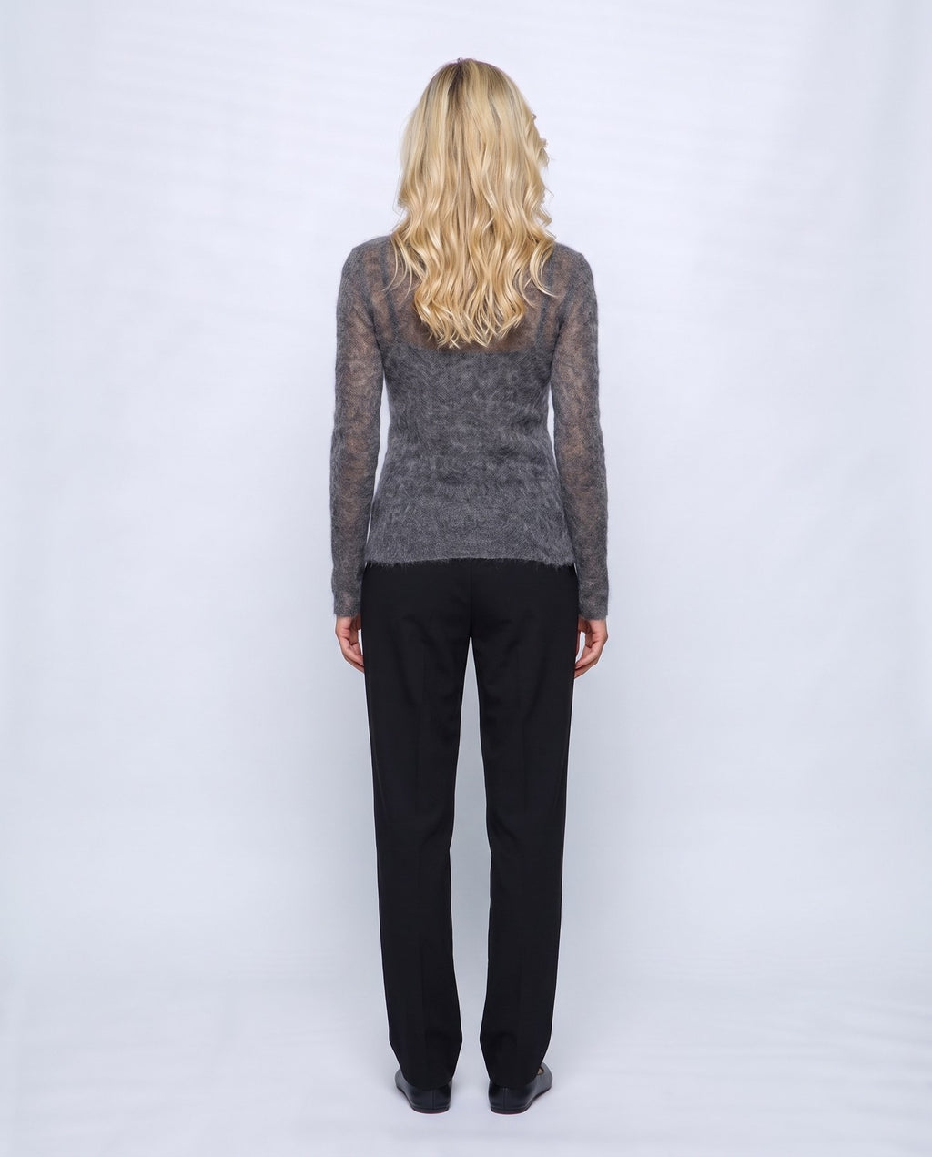 Odette Sheer Sweater in Charcoal grey, back view on a non-pregnant model