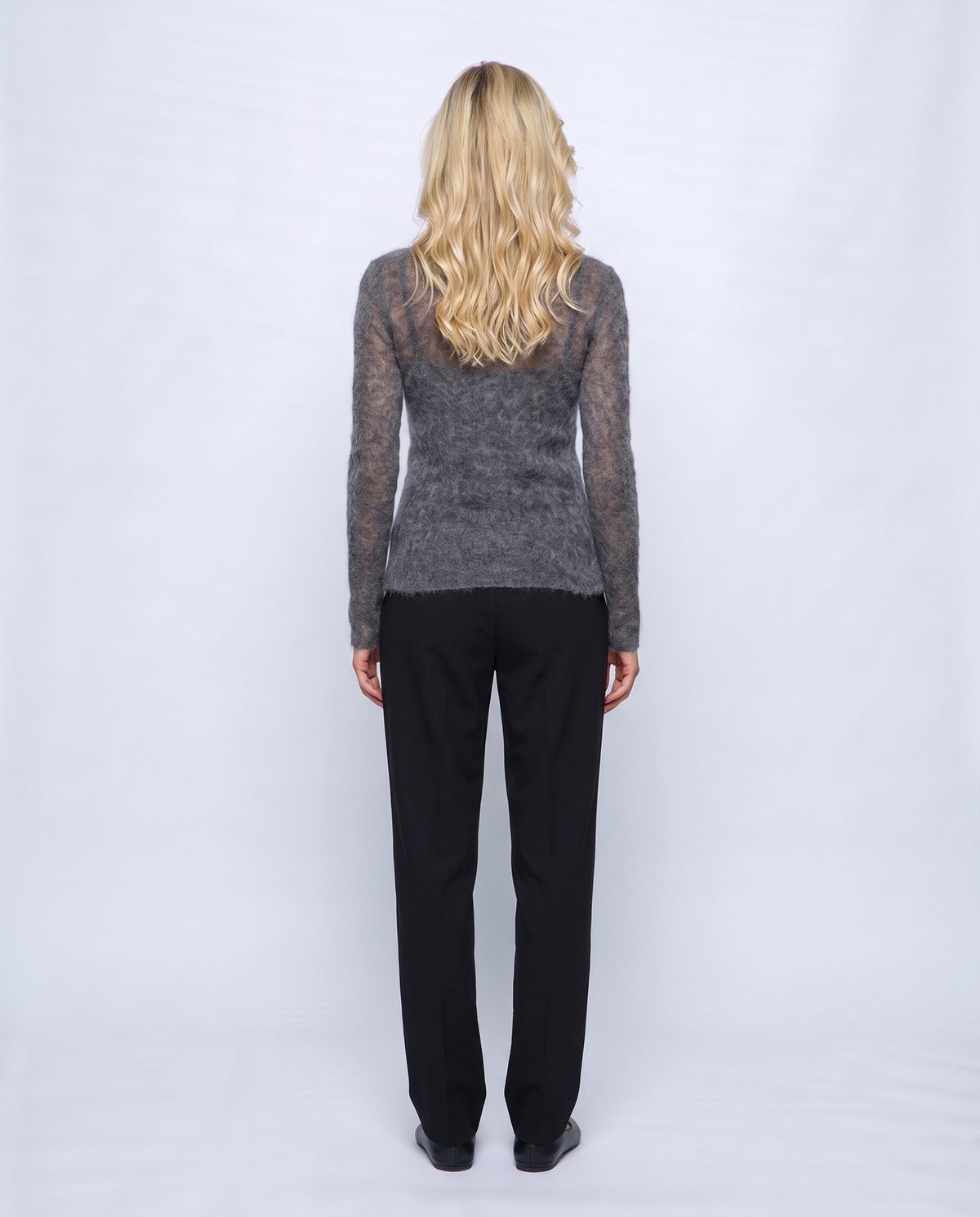 Odette Sheer Sweater in Charcoal grey, back view on a non-pregnant model