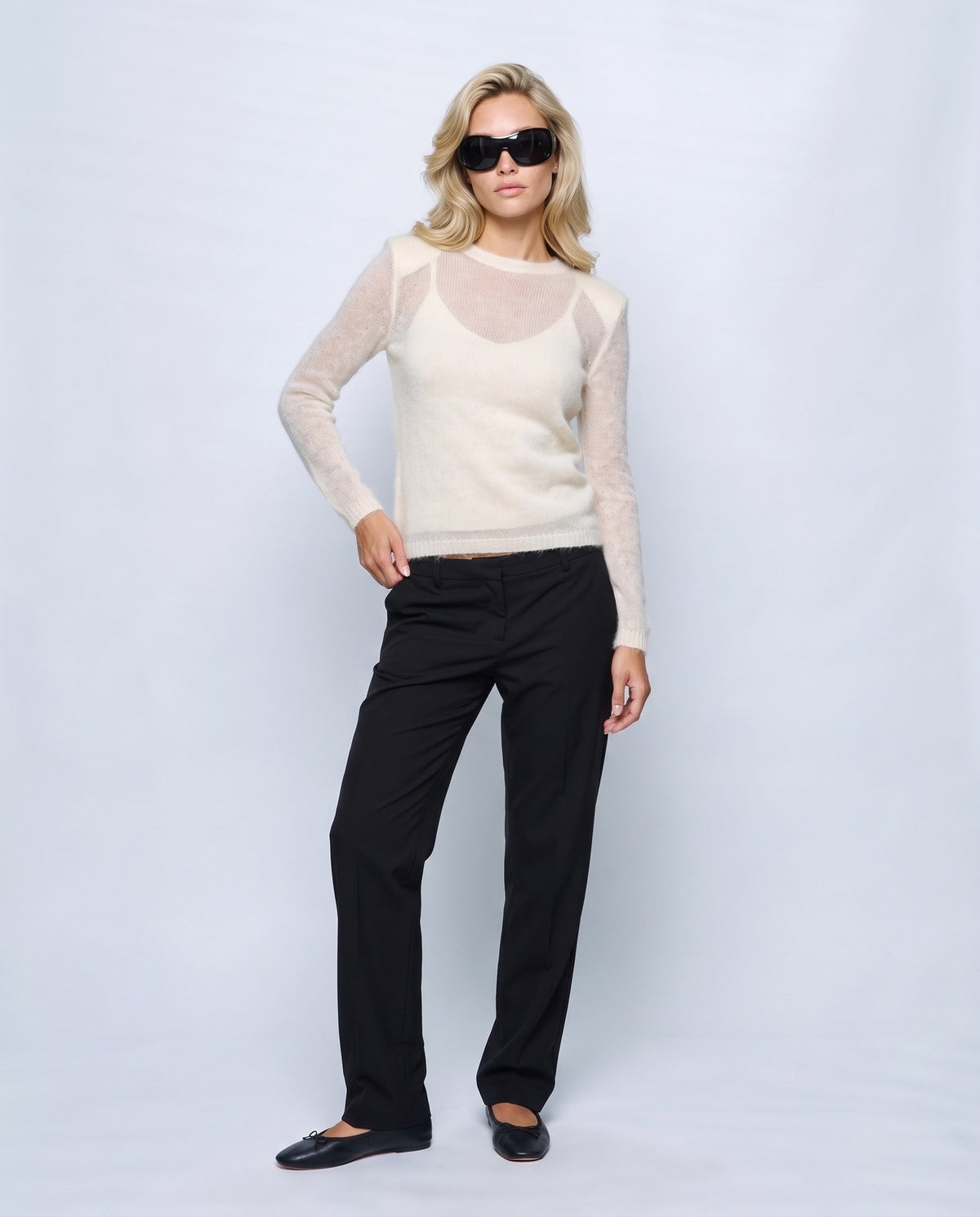 Odette Sheer Sweater in Cream white, front view on a non-pregnant model