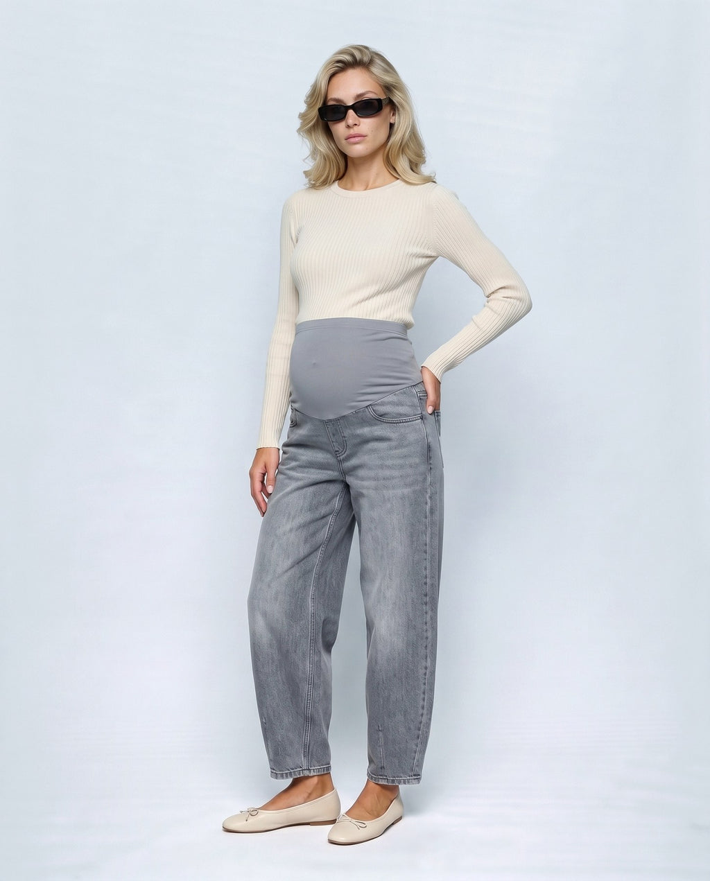 Remy Wide-Leg Maternity Jeans in Grey wash, front view on a non-pregnant model