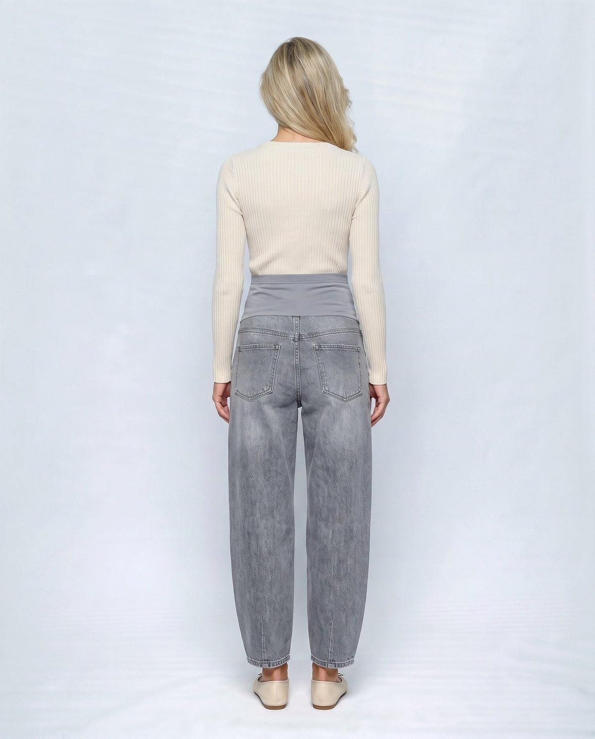 Remy Wide-Leg Maternity Jeans in Grey wash, back view on a non-pregnant model