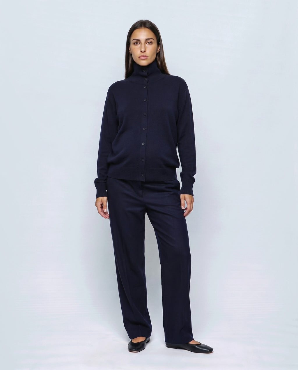 Romy Stand-Collar Cardigan in Navy, closed styling