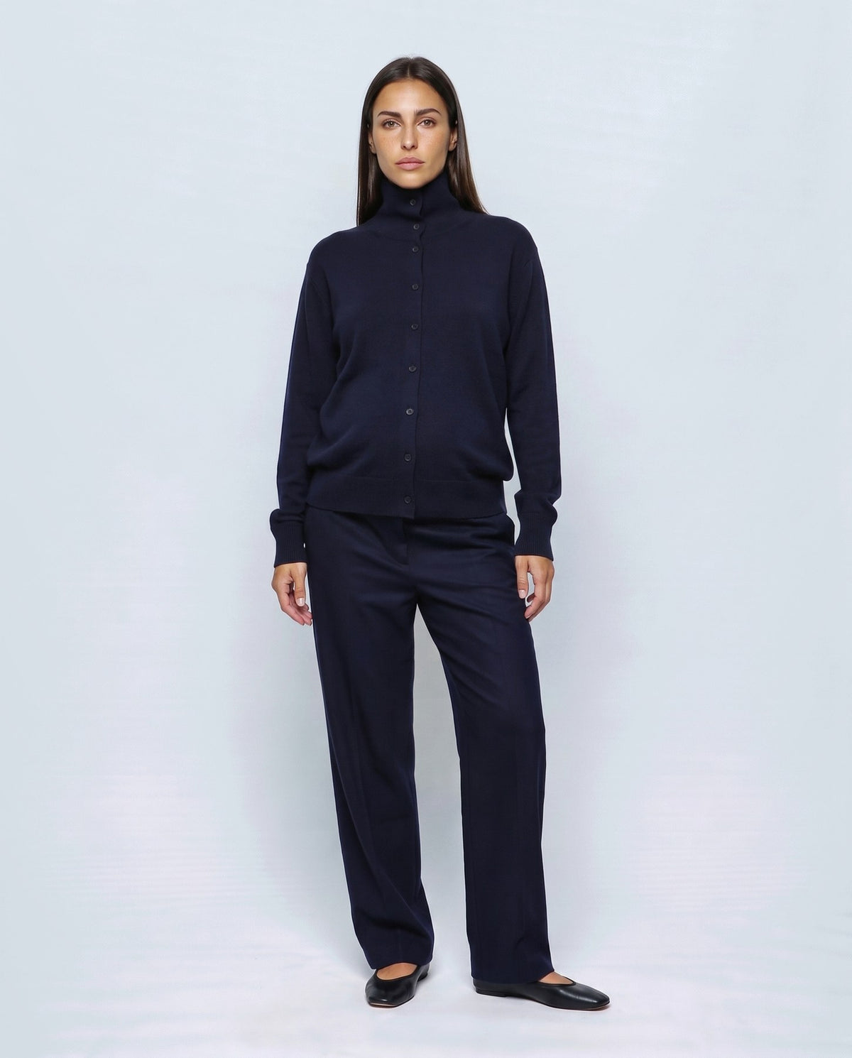 Romy Stand-Collar Cardigan in Navy, closed styling