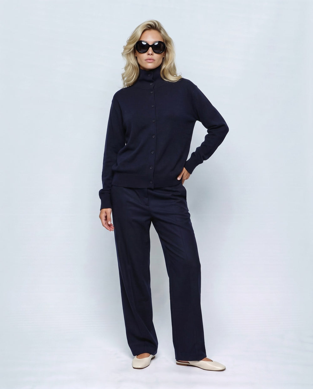 Romy Stand-Collar Cardigan in Navy, front view on a non-pregnant model