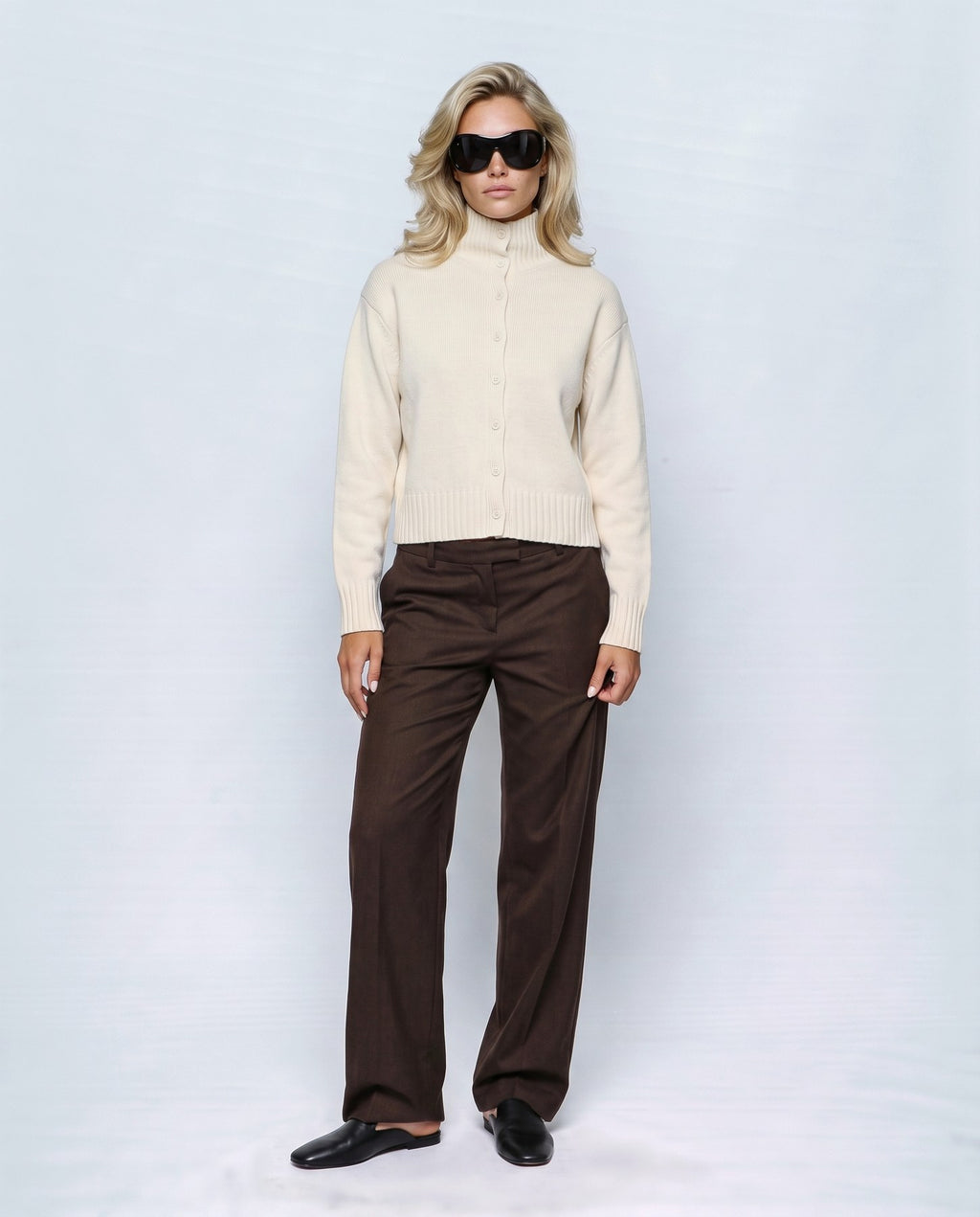 Sabine Cropped Cardigan in Milk cream, front view on a non-pregnant model