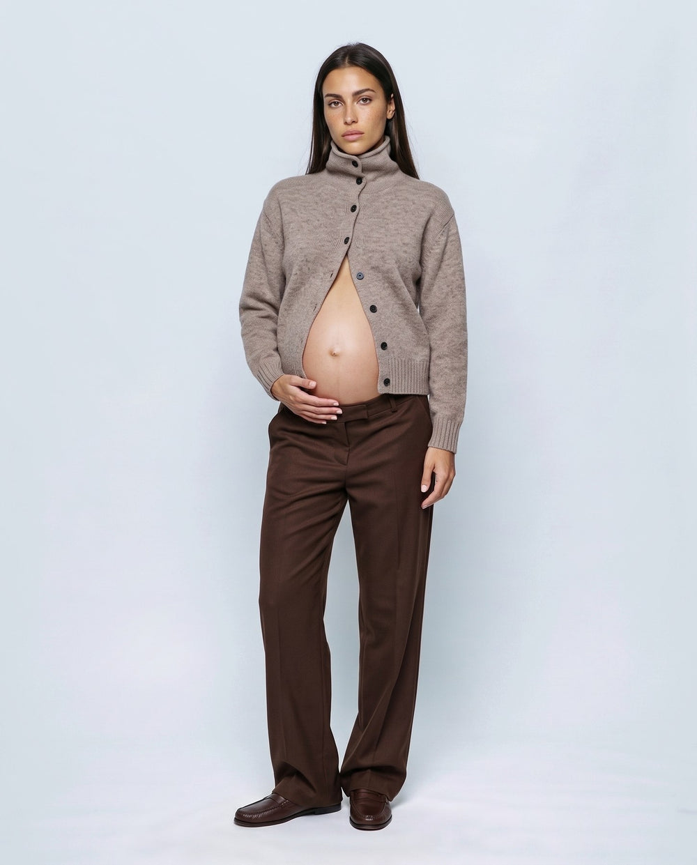 Sabine Cropped Cardigan in Oatmeal camel, front view