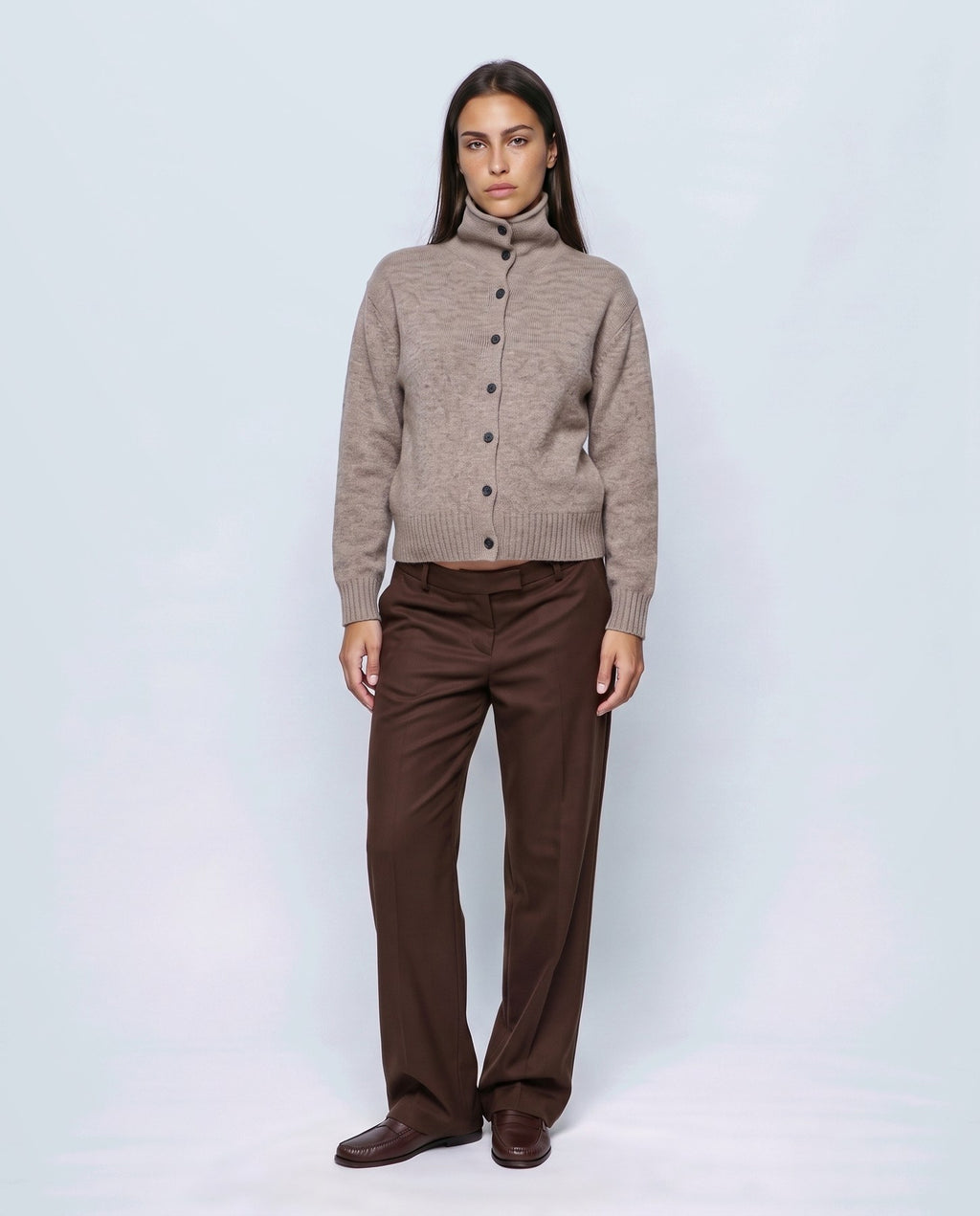 Sabine Cropped Cardigan in Oatmeal camel, closed styling