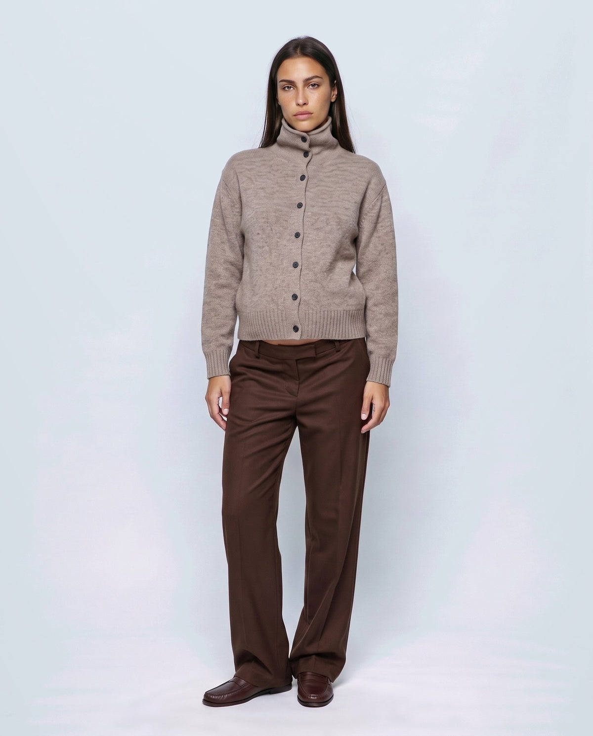 Sabine Cropped Cardigan in Oatmeal camel, closed styling